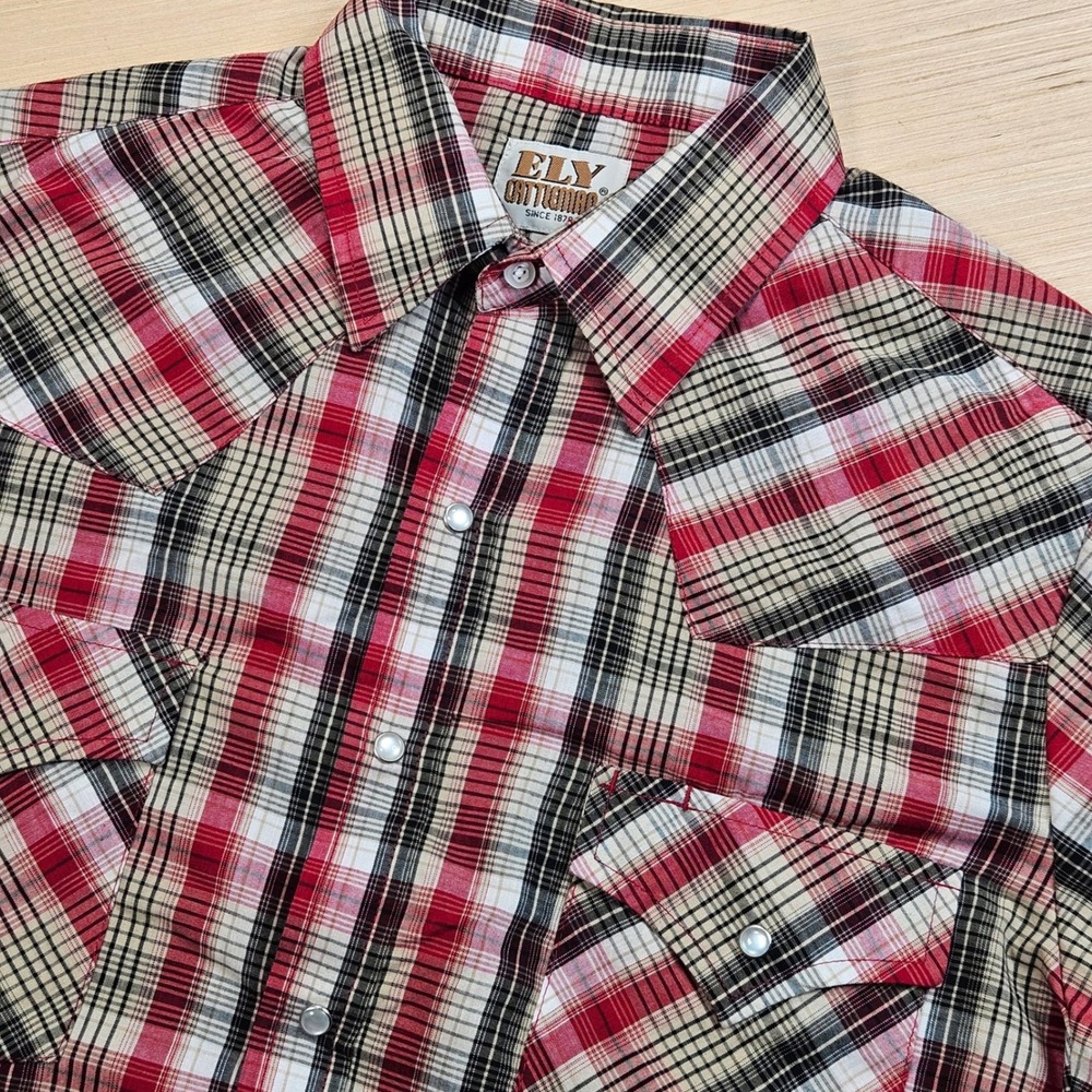 Ely Cattleman Western Shirt Mens M Red Plaid Pearl Snap Long Sleeve Cowboy